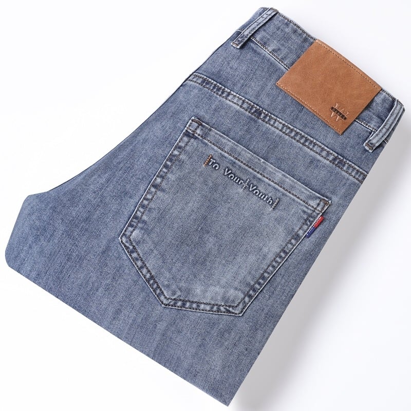 Pantaloni din denim cu talie înaltă, croială dreaptă, elastici, țesătură ultra-moale