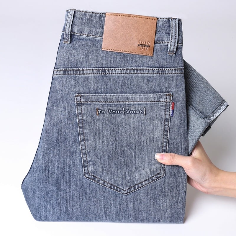 Pantaloni din denim cu talie înaltă, croială dreaptă, elastici, țesătură ultra-moale