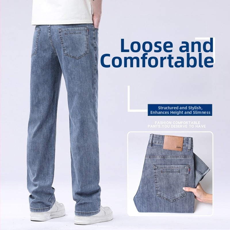 Pantaloni din denim cu talie înaltă, croială dreaptă, elastici, țesătură ultra-moale
