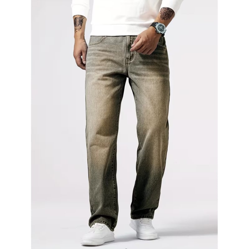 Férfi farmer, amerikai casual stílus, retro kopásos mosás, laza, egyenes szabású, denim, 70% pamut, HB14023