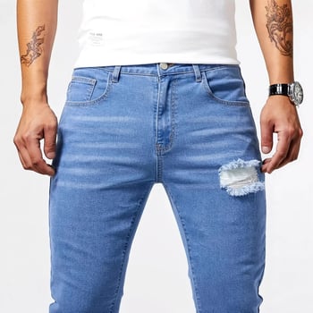 Férfiaknak készült rugalmas farmernadrág, több technológiás kivitelezéssel, slim-fit, kék denim, minden évszakban viselhető