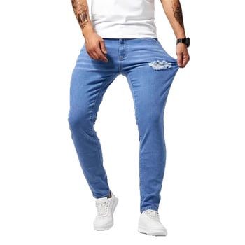 Férfiaknak készült rugalmas farmernadrág, több technológiás kivitelezéssel, slim-fit, kék denim, minden évszakban viselhető