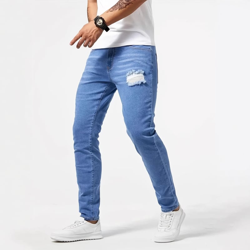 Férfiaknak készült rugalmas farmernadrág, több technológiás kivitelezéssel, slim-fit, kék denim, minden évszakban viselhető
