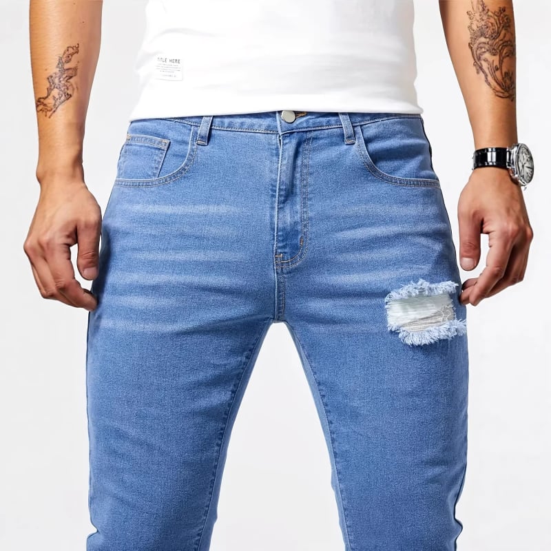 Férfiaknak készült rugalmas farmernadrág, több technológiás kivitelezéssel, slim-fit, kék denim, minden évszakban viselhető