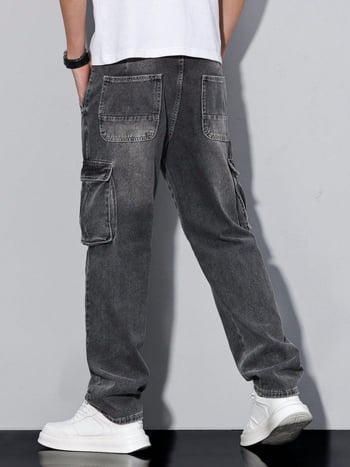 Amerikai stílusú férfi cargo farmerok, egyenes szárú, laza szabás, fekete-szürke, nehéz denim, széles szárú, hosszú nadrág