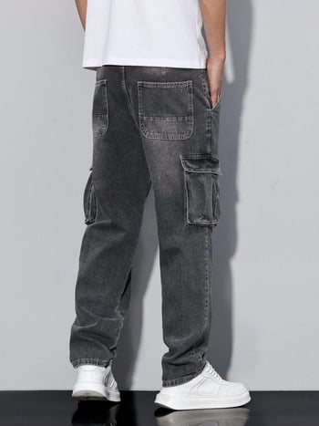 Amerikai stílusú férfi cargo farmerok, egyenes szárú, laza szabás, fekete-szürke, nehéz denim, széles szárú, hosszú nadrág