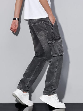 Amerikai stílusú férfi cargo farmerok, egyenes szárú, laza szabás, fekete-szürke, nehéz denim, széles szárú, hosszú nadrág