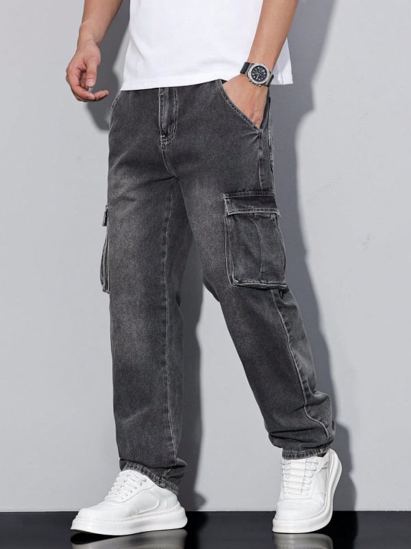 Amerikai stílusú férfi cargo farmerok, egyenes szárú, laza szabás, fekete-szürke, nehéz denim, széles szárú, hosszú nadrág