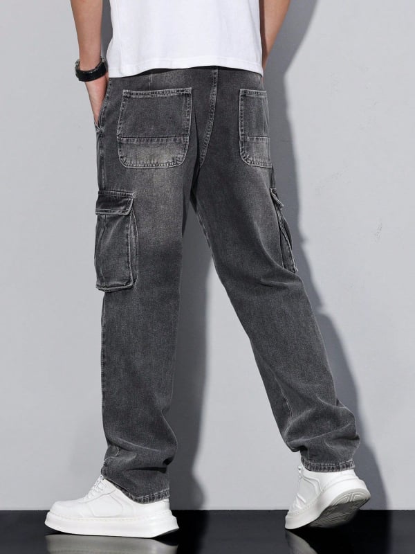 Amerikai stílusú férfi cargo farmerok, egyenes szárú, laza szabás, fekete-szürke, nehéz denim, széles szárú, hosszú nadrág