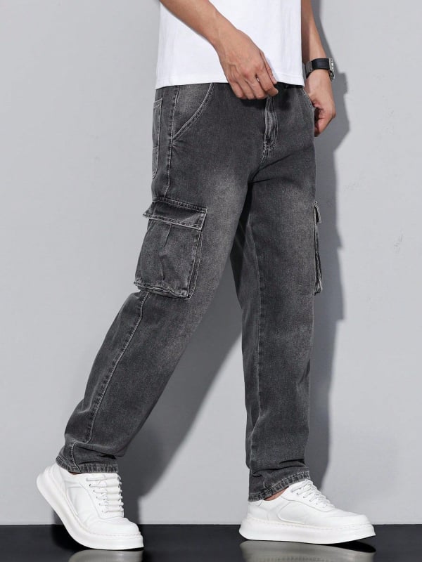 Amerikai stílusú férfi cargo farmerok, egyenes szárú, laza szabás, fekete-szürke, nehéz denim, széles szárú, hosszú nadrág