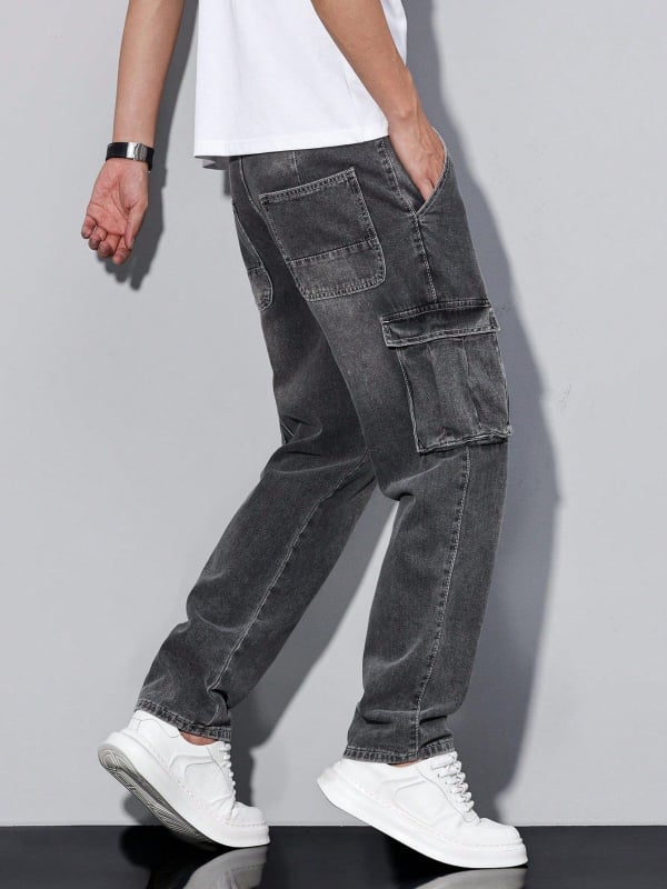 Amerikai stílusú férfi cargo farmerok, egyenes szárú, laza szabás, fekete-szürke, nehéz denim, széles szárú, hosszú nadrág