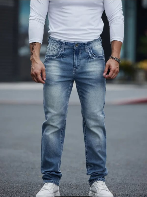 Férfi denimnadrág, üzleti és hétköznapi stílus, egyenes szár, rugalmas anyag, középmagas derék