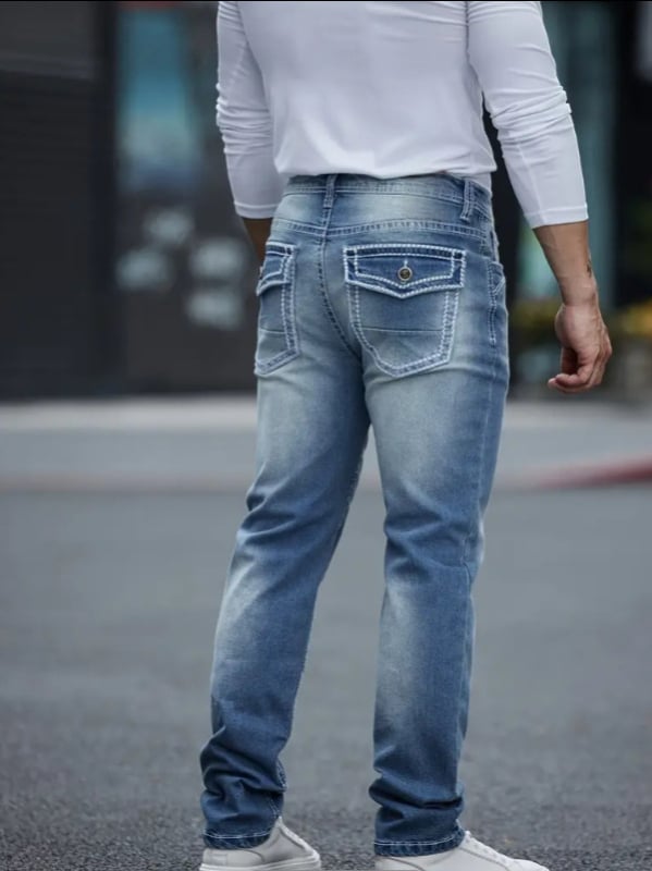 Férfi denimnadrág, üzleti és hétköznapi stílus, egyenes szár, rugalmas anyag, középmagas derék
