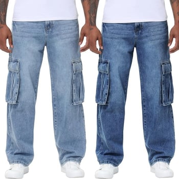 Férfi farmernadrág denimből, rugalmas anyagból, laza egyenes szabás, több zseb, 70% pamut