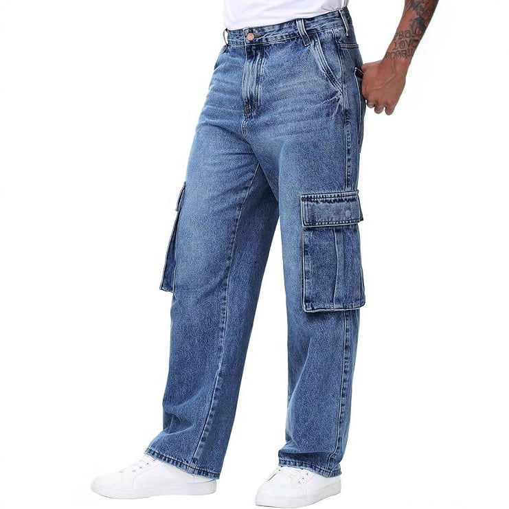 Férfi farmernadrág denimből, rugalmas anyagból, laza egyenes szabás, több zseb, 70% pamut
