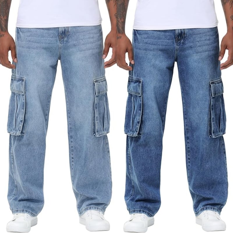 Férfi farmernadrág denimből, rugalmas anyagból, laza egyenes szabás, több zseb, 70% pamut