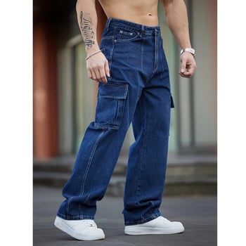 Férfi munkás farmer, sötétkék, mosott, casual stílus, sok zseb, szabad szabású, széles szár
