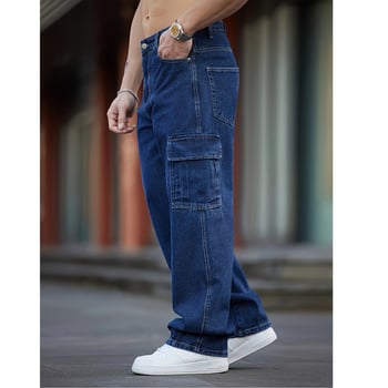 Férfi munkás farmer, sötétkék, mosott, casual stílus, sok zseb, szabad szabású, széles szár