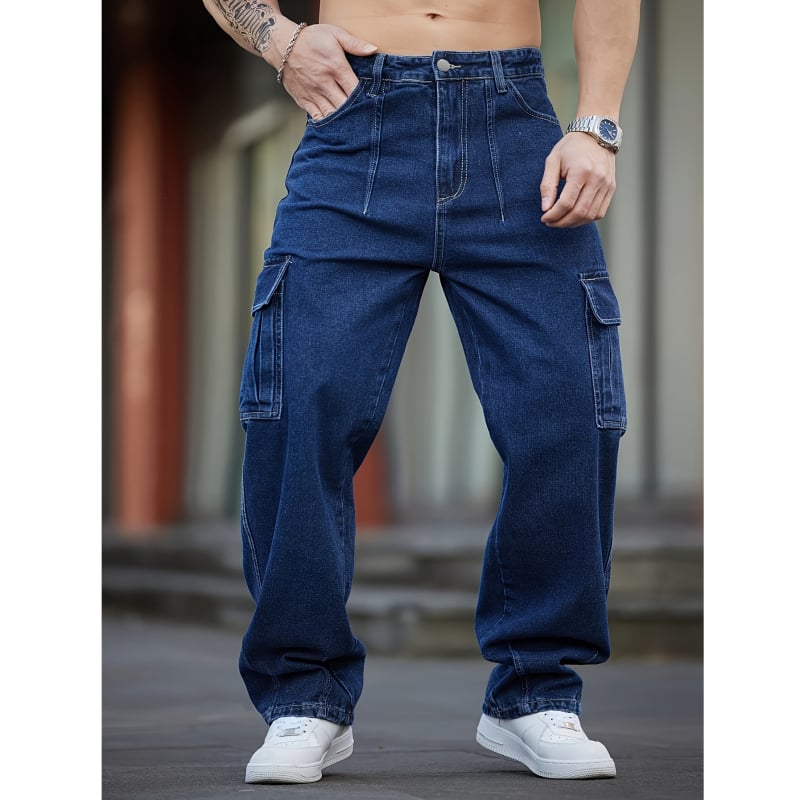 Férfi munkás farmer, sötétkék, mosott, casual stílus, sok zseb, szabad szabású, széles szár