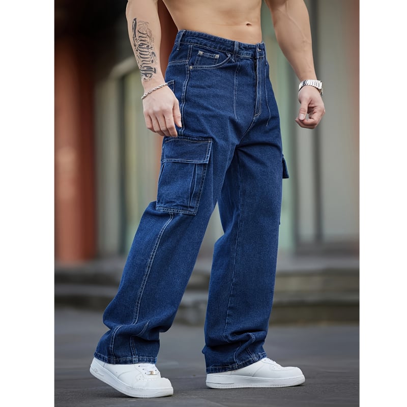 Férfi munkás farmer, sötétkék, mosott, casual stílus, sok zseb, szabad szabású, széles szár
