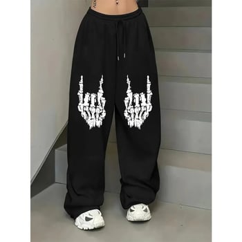 Pantaloni sport largi cu imprimeu gotic Y2K, cu șnur, unisex, căptuți cu fleece
