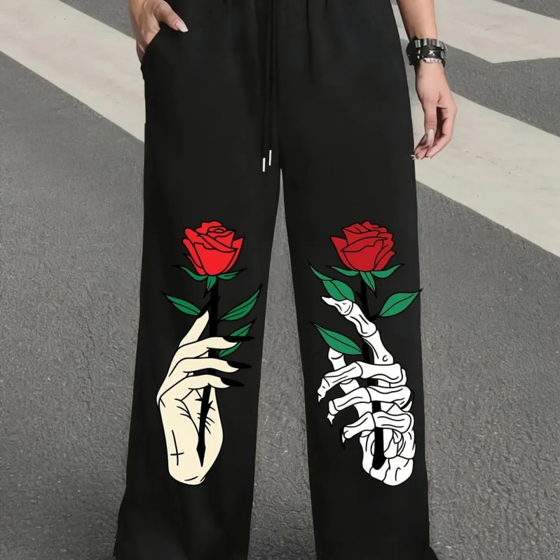 Pantaloni sport largi cu imprimeu gotic Y2K, cu șnur, unisex, căptuți cu fleece