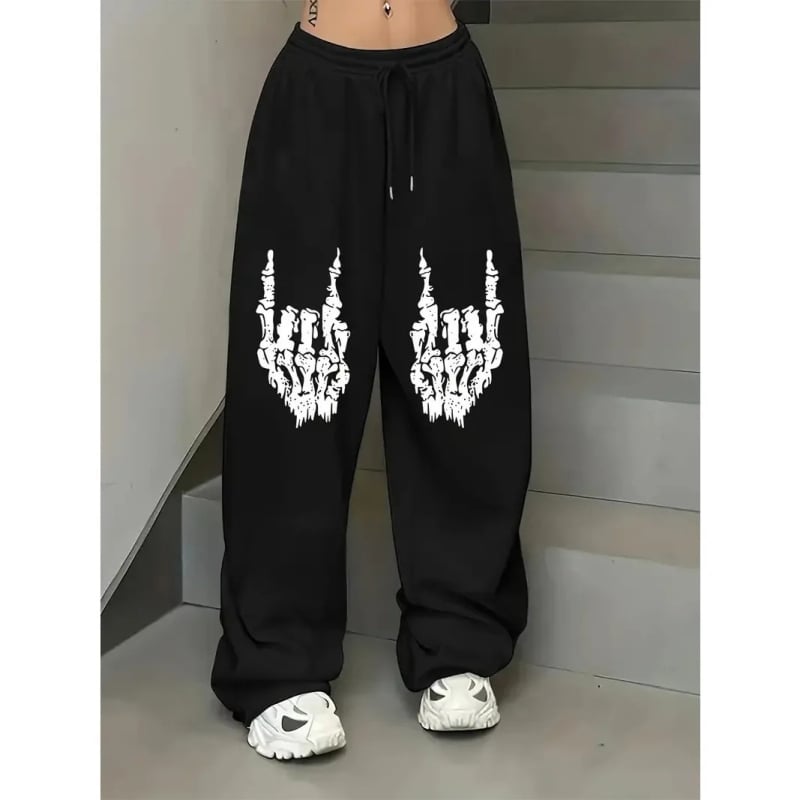 Pantaloni sport largi cu imprimeu gotic Y2K, cu șnur, unisex, căptuți cu fleece