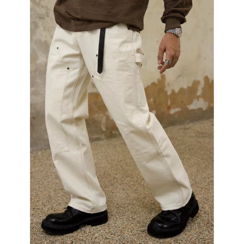 Férfi oversized denimnadrág, európai- és amerikai streetwear stílus, patchwork zsebek, laza egyenes szabás