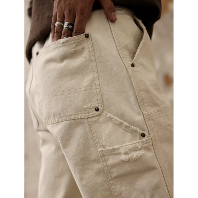 Férfi oversized denimnadrág, európai- és amerikai streetwear stílus, patchwork zsebek, laza egyenes szabás