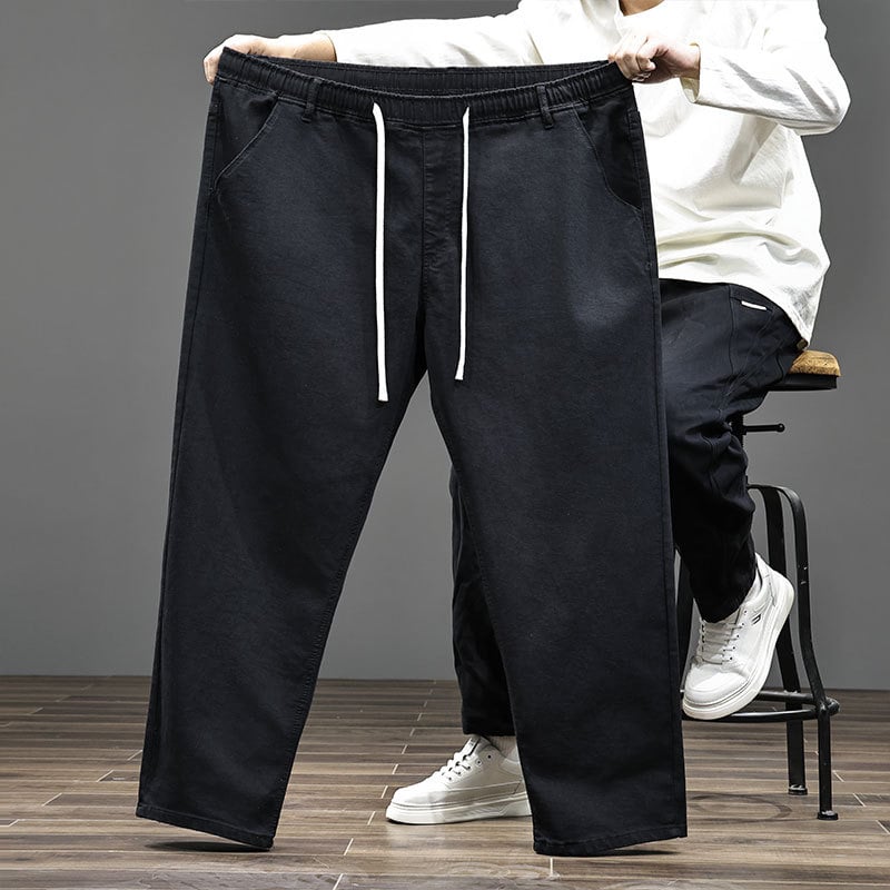 Pluszméretű férfi farmernadrág, elasztikus húzózsinórral, lazán szabott, egyenes szárú, pamut-denim