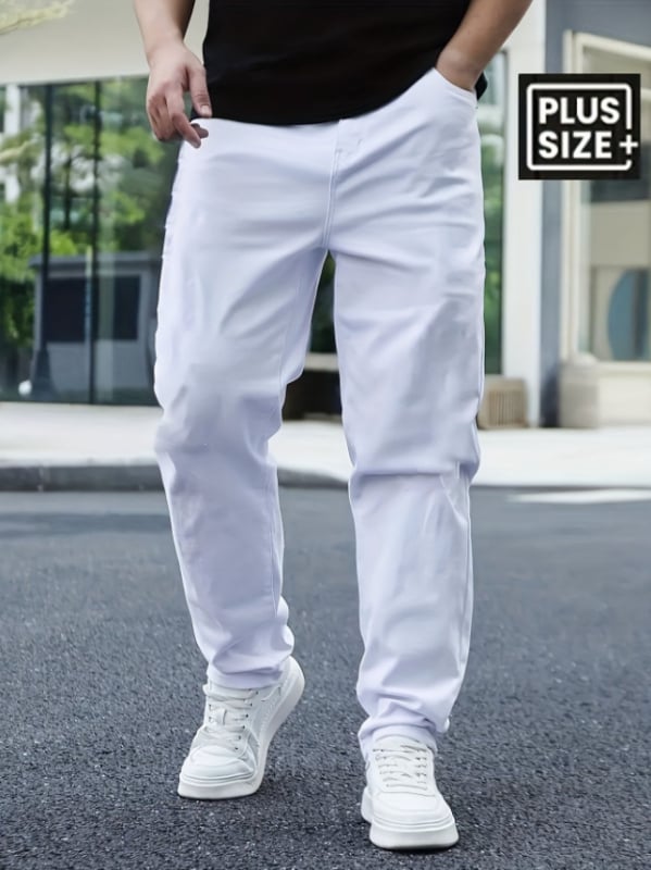 Férfi nagy méretű farmer, laza, lélegző, fehér, egyszerű stílusú, egyenes szabású