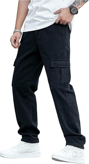Férfiaknak szánt slim-fit munkás farmer, egyenes szárú denim cargo nadrág fedeles zsebekkel