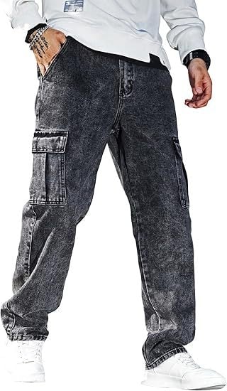 Férfiaknak szánt slim-fit munkás farmer, egyenes szárú denim cargo nadrág fedeles zsebekkel