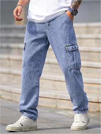 Férfiaknak szánt slim-fit munkás farmer, egyenes szárú denim cargo nadrág fedeles zsebekkel