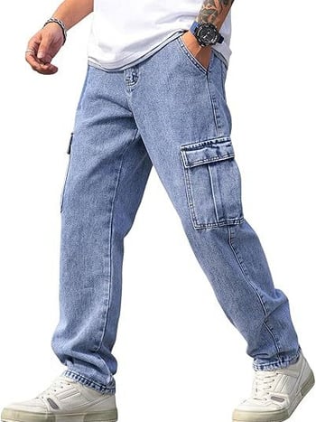 Férfiaknak szánt slim-fit munkás farmer, egyenes szárú denim cargo nadrág fedeles zsebekkel