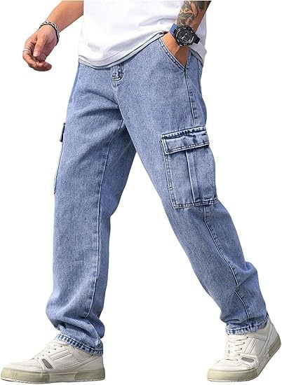 Férfiaknak szánt slim-fit munkás farmer, egyenes szárú denim cargo nadrág fedeles zsebekkel