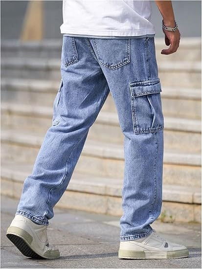 Férfiaknak szánt slim-fit munkás farmer, egyenes szárú denim cargo nadrág fedeles zsebekkel