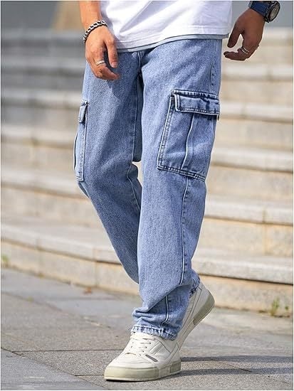 Férfiaknak szánt slim-fit munkás farmer, egyenes szárú denim cargo nadrág fedeles zsebekkel
