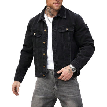 Fekete férfi denim dzseki – klasszikus, laza stílus, európai/amerikai minimalist megjelenés