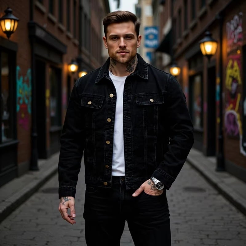 Fekete férfi denim dzseki – klasszikus, laza stílus, európai/amerikai minimalist megjelenés