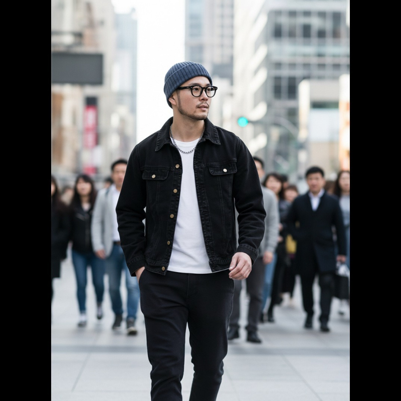 Fekete férfi denim dzseki – klasszikus, laza stílus, európai/amerikai minimalist megjelenés