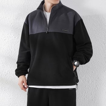 Férfi polár fleece sportkabát állógallérral, cipzárral, téli viselet, plusz méret, egyszerű színblokkokkal