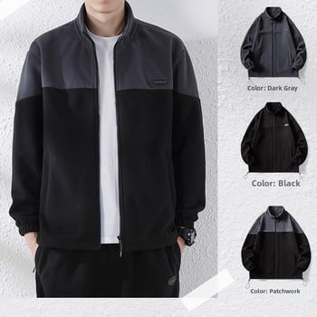 Férfi polár fleece sportkabát állógallérral, cipzárral, téli viselet, plusz méret, egyszerű színblokkokkal
