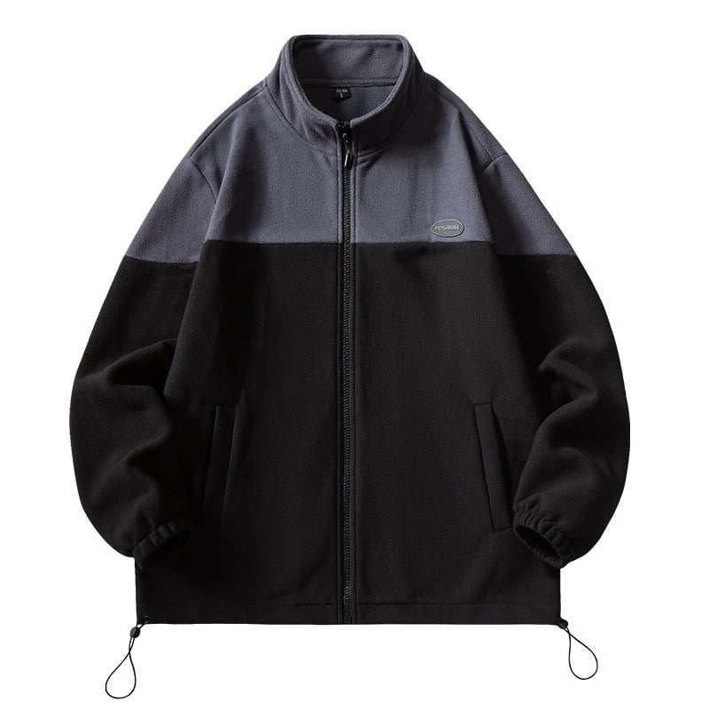 Férfi polár fleece sportkabát állógallérral, cipzárral, téli viselet, plusz méret, egyszerű színblokkokkal