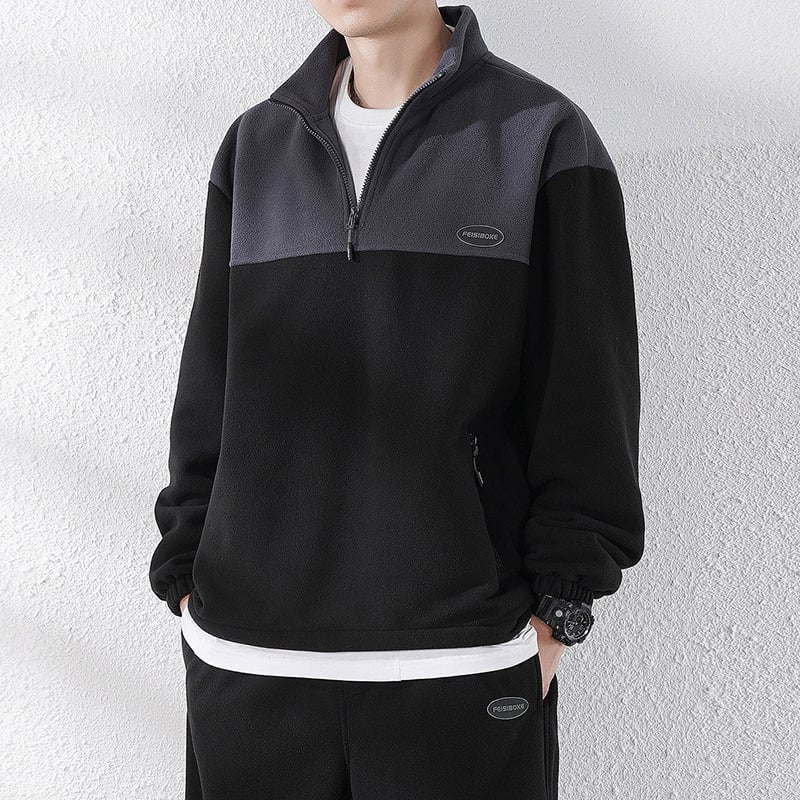 Férfi polár fleece sportkabát állógallérral, cipzárral, téli viselet, plusz méret, egyszerű színblokkokkal