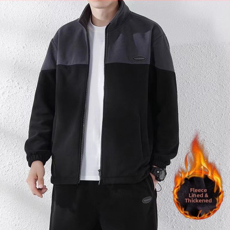Férfi polár fleece sportkabát állógallérral, cipzárral, téli viselet, plusz méret, egyszerű színblokkokkal