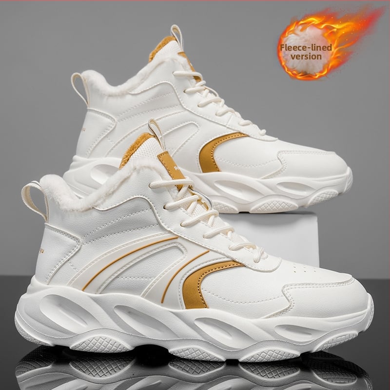 Pantofi sport albi pentru bărbați, încălțăminte de iarnă cu căptușeală din fleece, talpă groasă pentru creșterea înălțimii, anti-derapare, respirabili