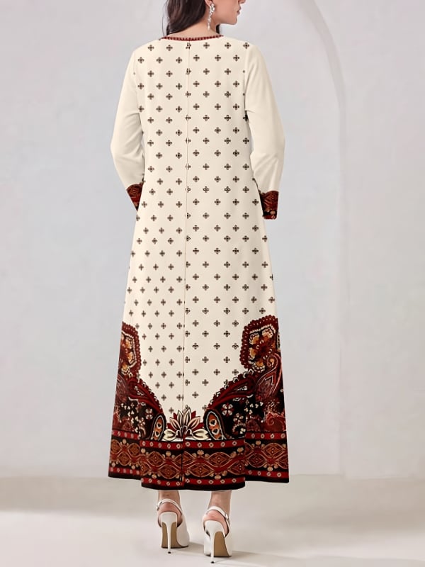 Plusz méretű etnikai mintás maxi ruha nőknek, V-nyakú, hosszú ujjú, laza szabású, boho stílusú strandruha.