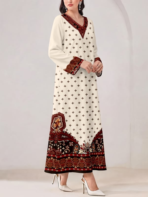 Plusz méretű etnikai mintás maxi ruha nőknek, V-nyakú, hosszú ujjú, laza szabású, boho stílusú strandruha.