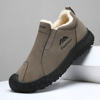 Botine de iarnă pentru bărbați, căptuite cu fleece, talpă cu model de tip anvelopă, pentru exterior, slip-on, rezistente la vânt și zăpadă
